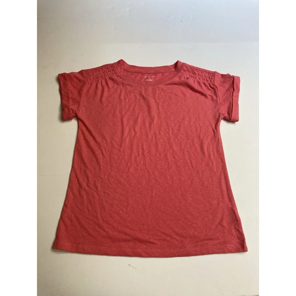 Talbots Women's Red Solid Scoop Neck Smocked Short Sleeve Knit T-Shirt XS